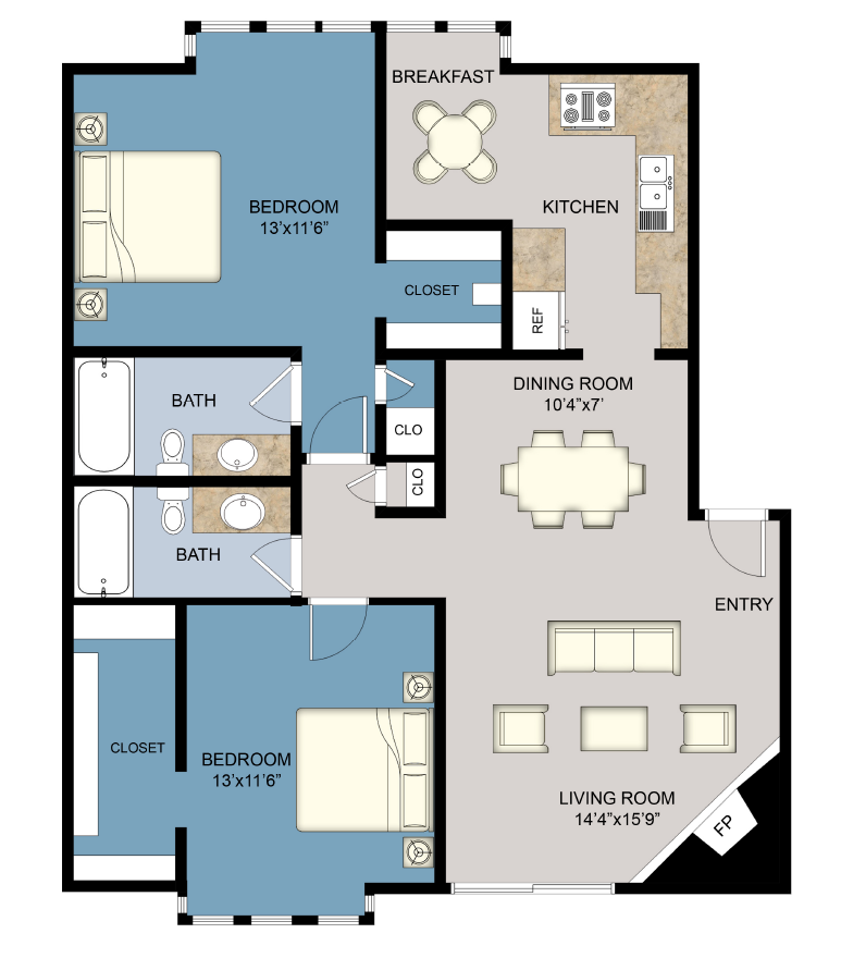 Floor plan for 2 beds, 2 baths, 1047 sqft